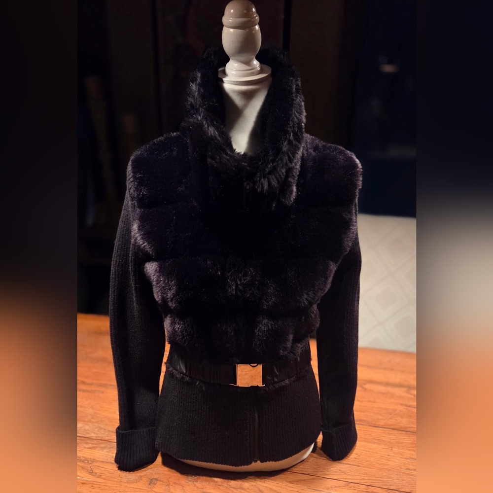 Black Faux Fur Sweater with Belt